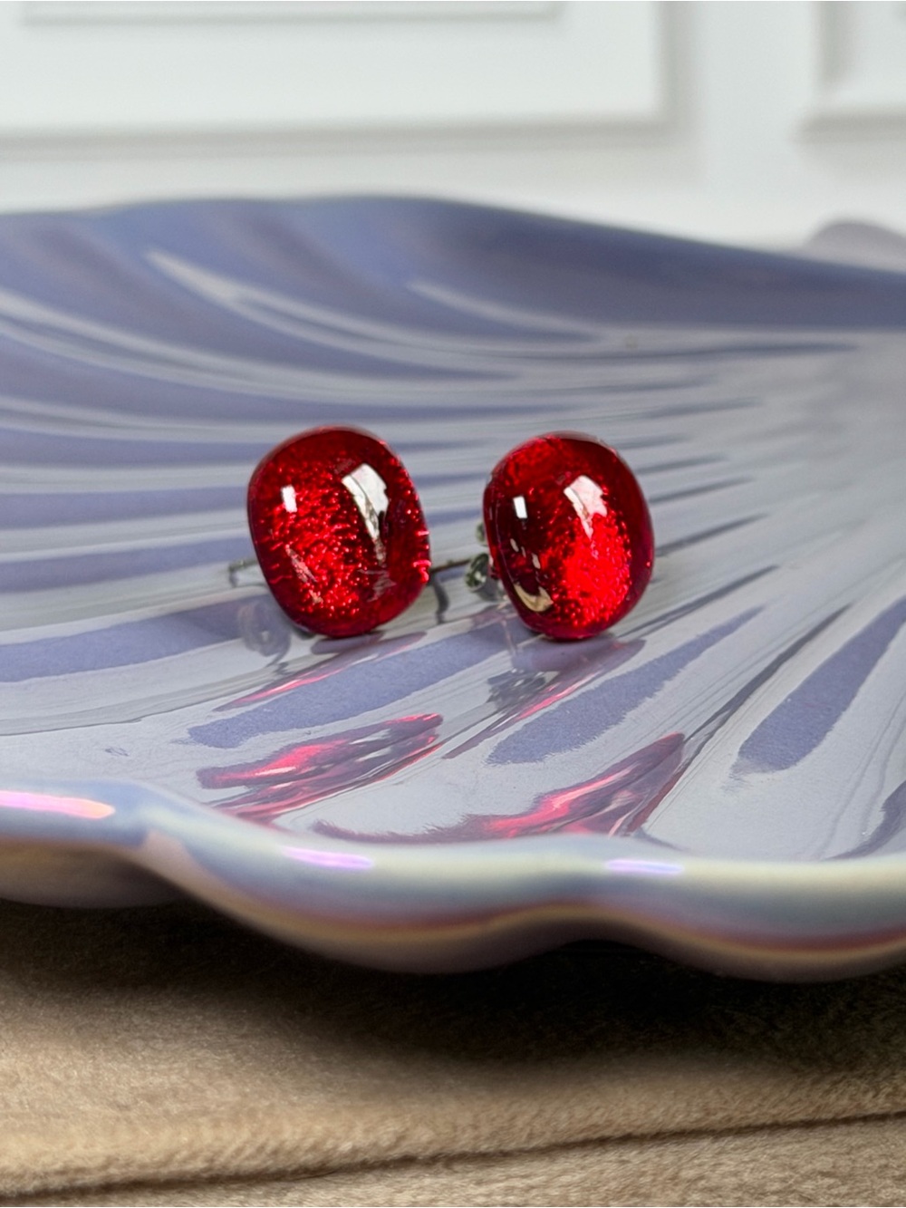Handmade Ruby Red Dichroic Fused Glass Stud Earrings Artisan Jewelry